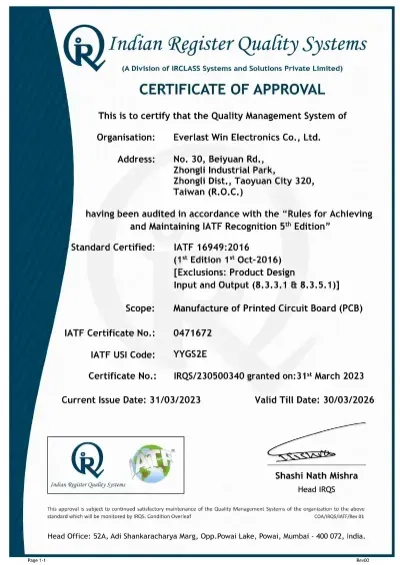 EWPCB-IATF16949:2016 Automotive Quality Management Systems Certification